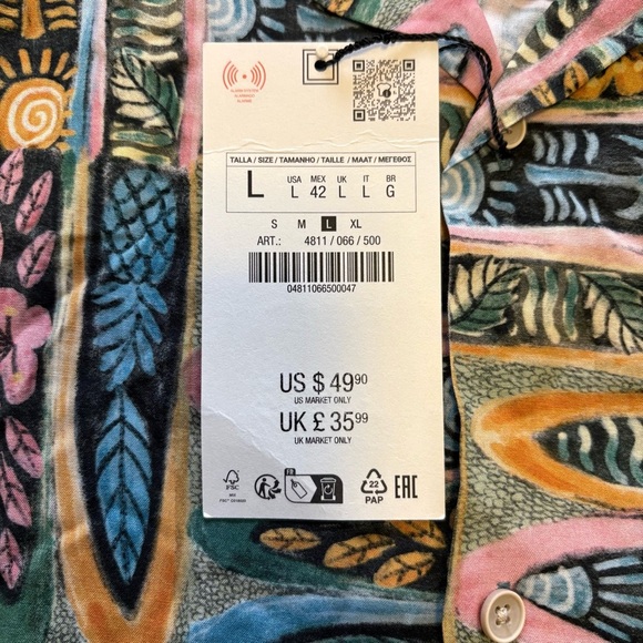 Zara Men’s L Green Casual Button Down Shirt with Retro Hawaiian Design - Picture 7 of 11